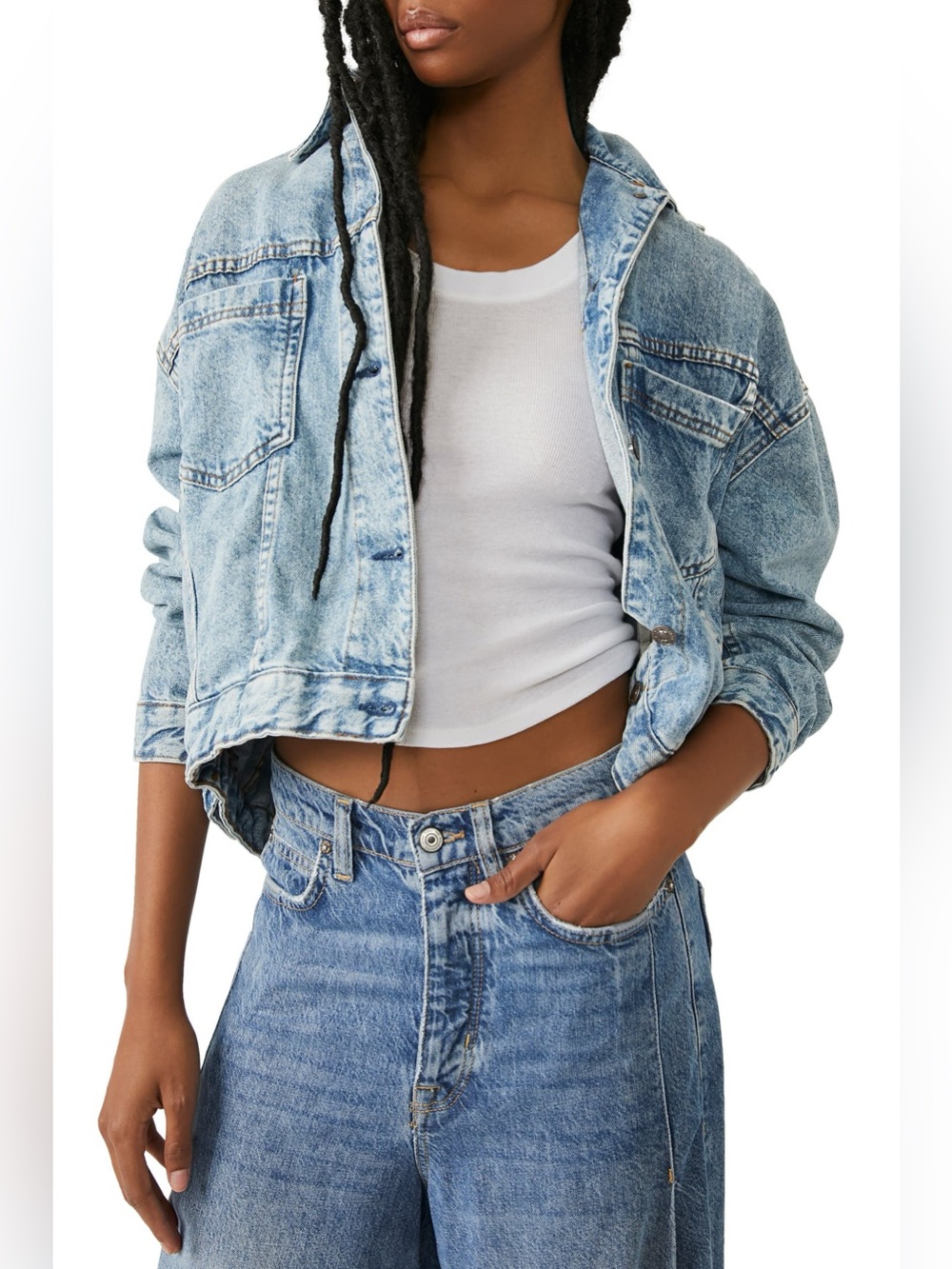 FREE PEOPLE: We The Free - Women’s Opal Swing Acid Wash Denim Trucker Jacket XL